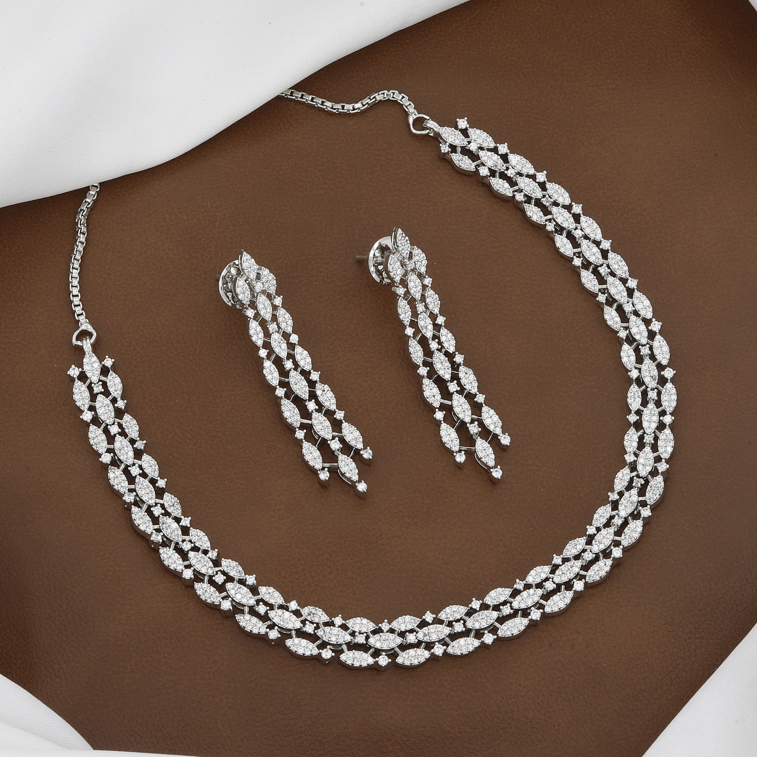 Silver Tone Modern Pave CZ Helix Collar Necklace & Stud Earring Set