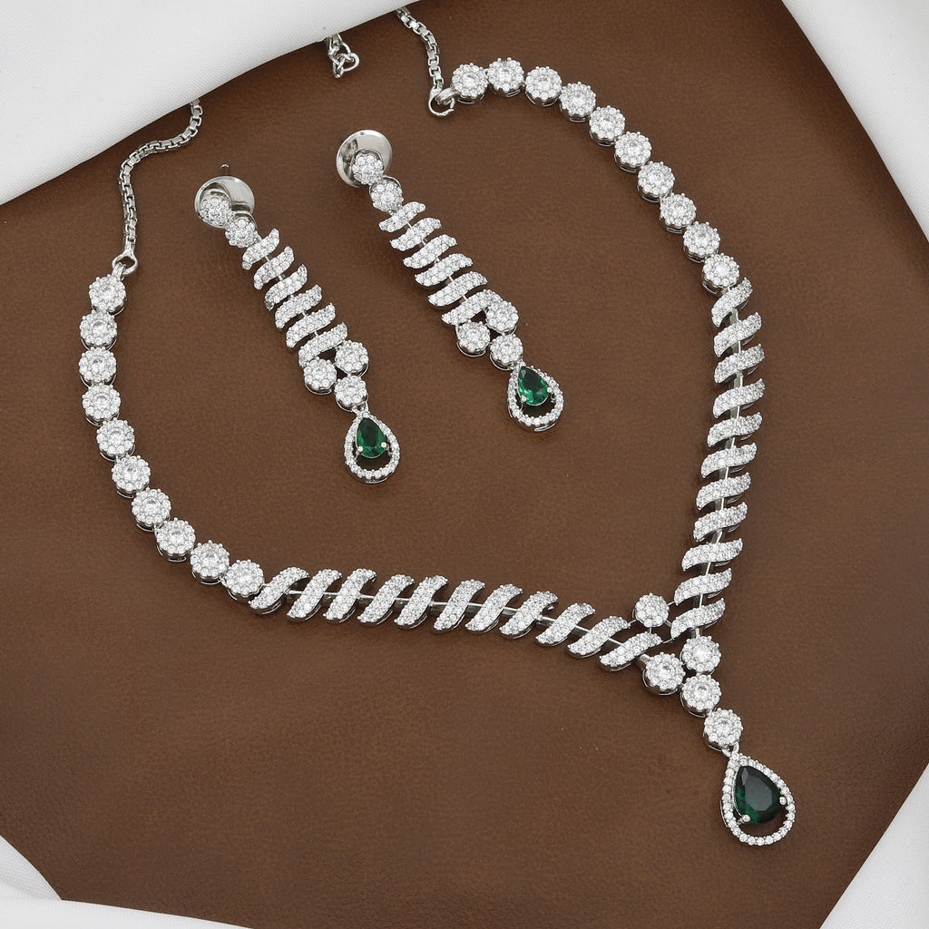 Silver Tone Emerald Drop CZ Necklace & Swirl Earring Set