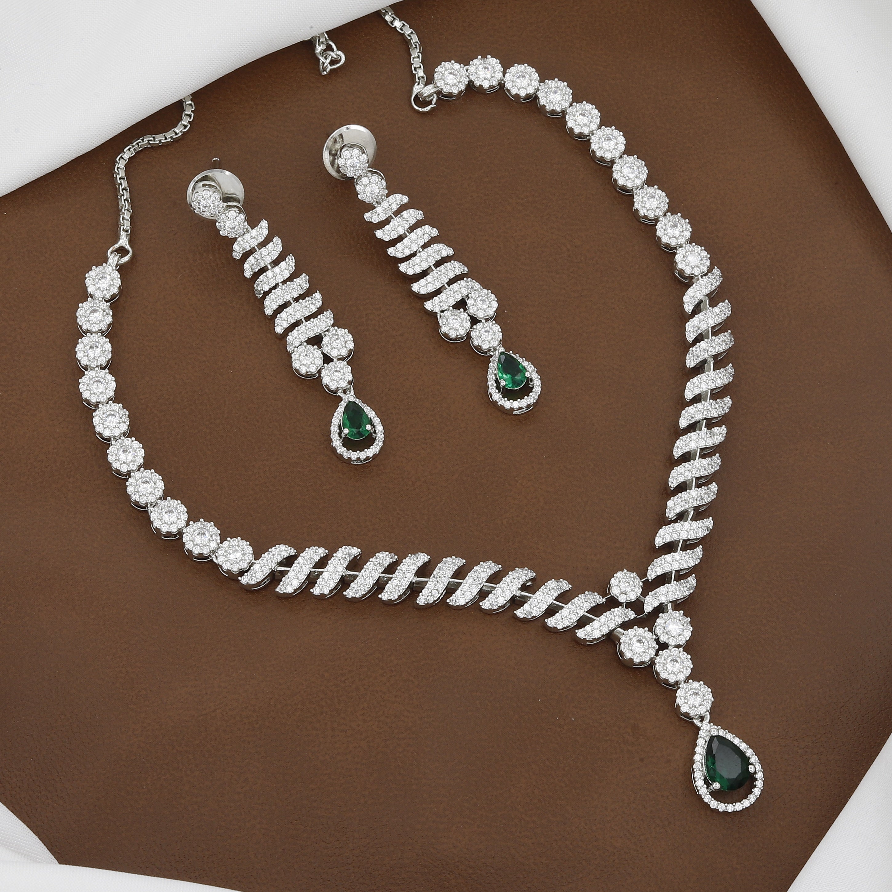 Silver Tone Emerald Drop CZ Necklace & Swirl Earring Set
