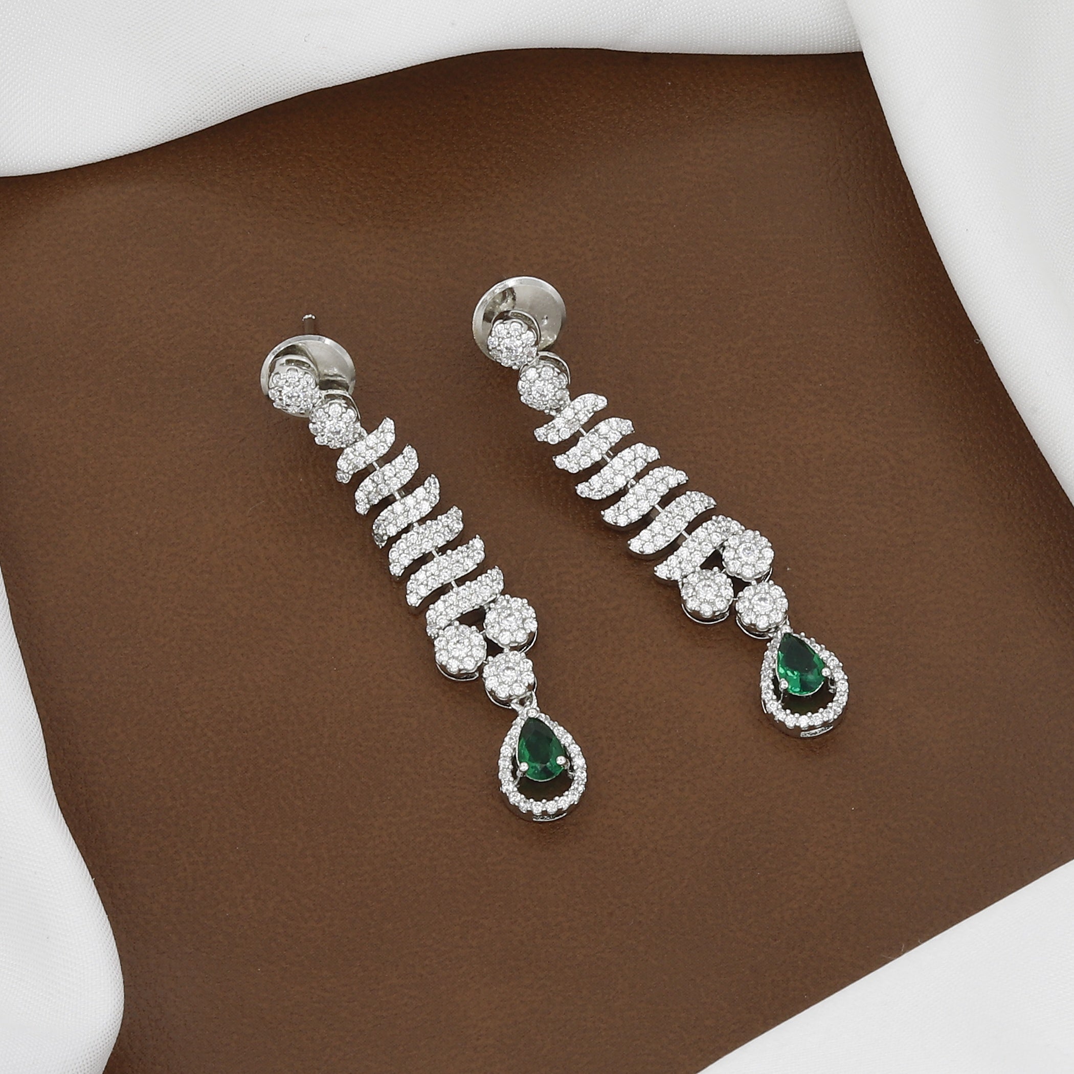 Silver Tone Emerald Drop CZ Necklace & Swirl Earring Set