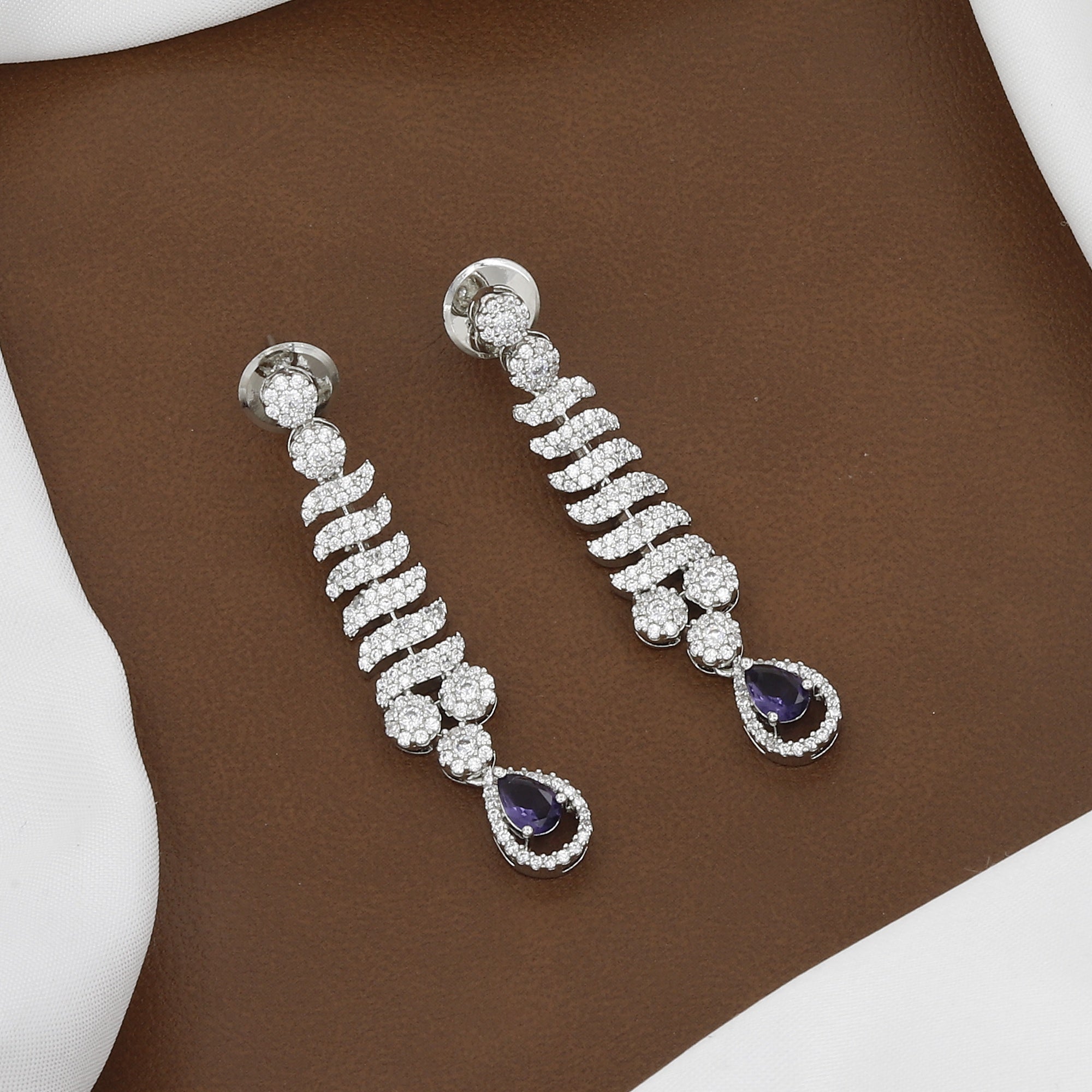 Silver Tone Emerald Drop CZ Necklace & Swirl Earring Set