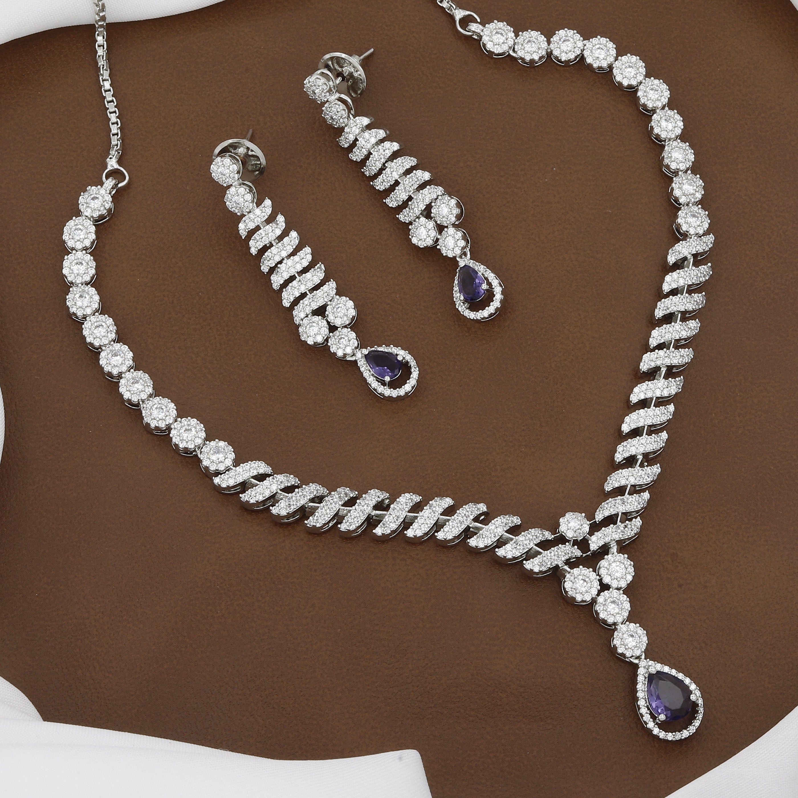 Silver Tone Emerald Drop CZ Necklace & Swirl Earring Set