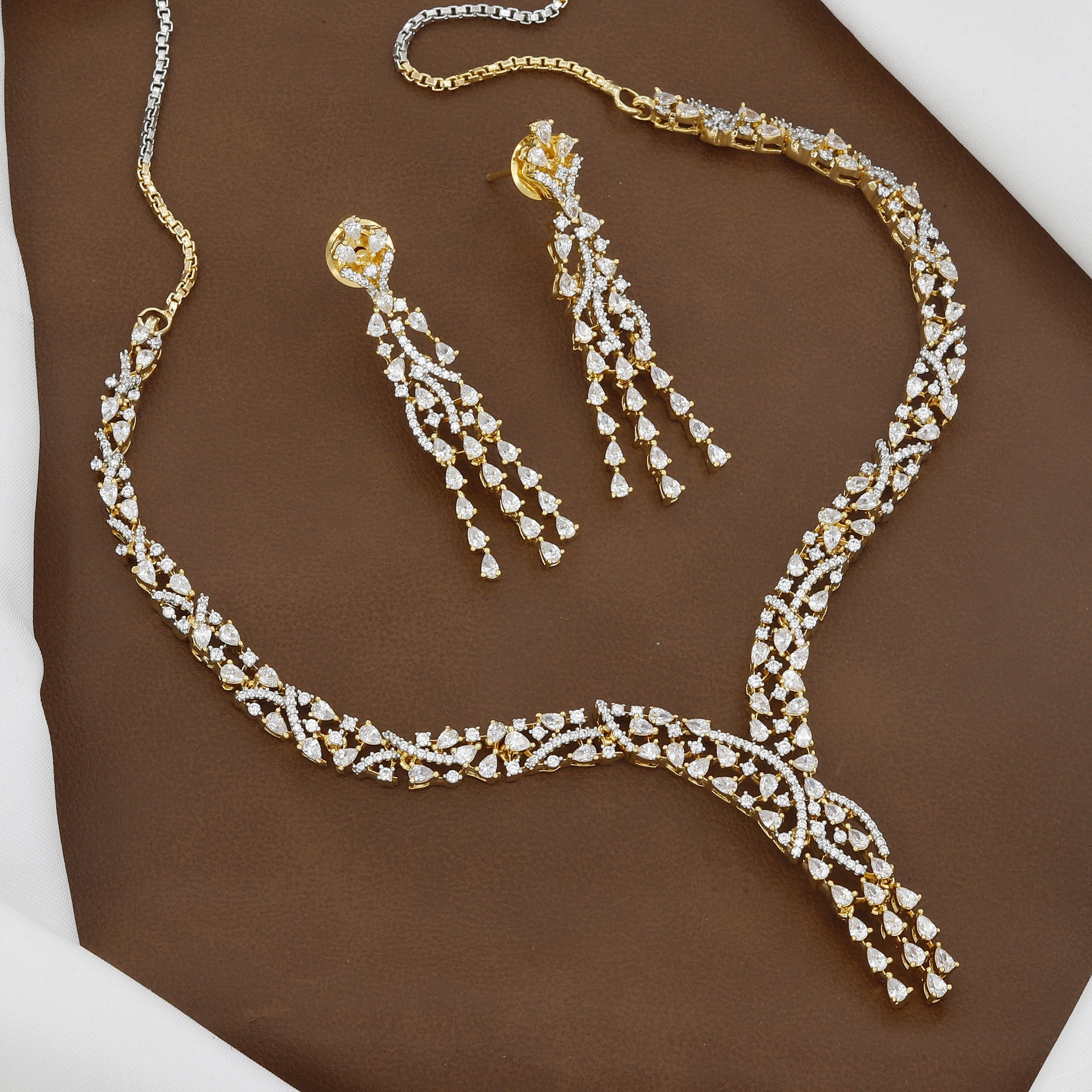 Luxury Gold-Tone Rhinestone Waterfall Diamond Necklace Set