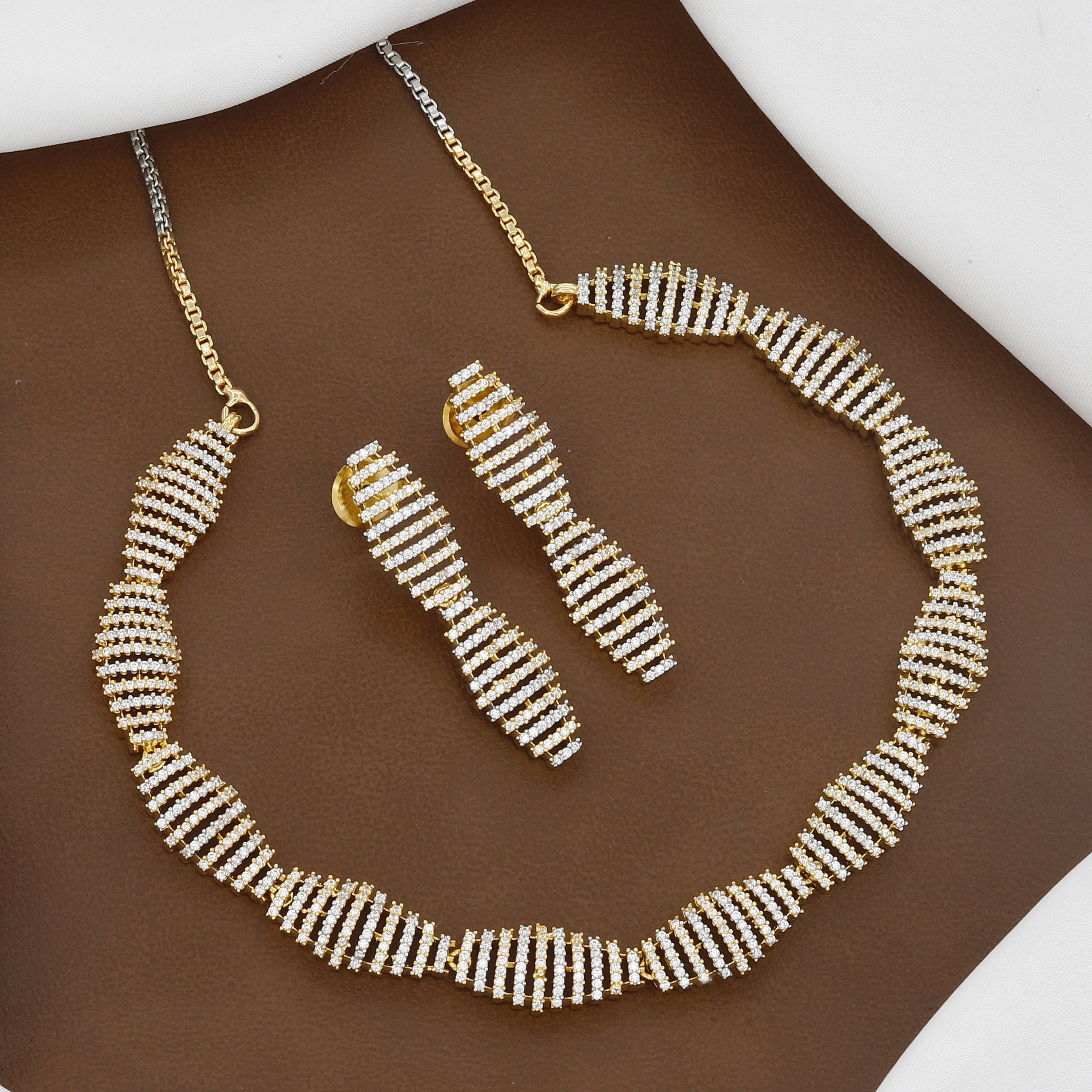 Gold Tone Modern Spiral Cubic Zirconia Necklace & Stud Earring Set