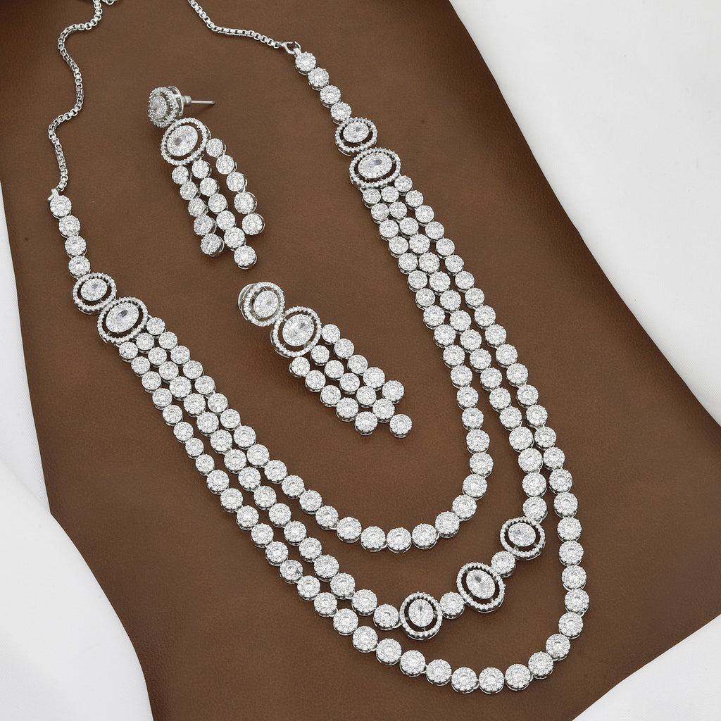 Luxury CZ Exquisite 3-Layer American Diamond Necklace Set