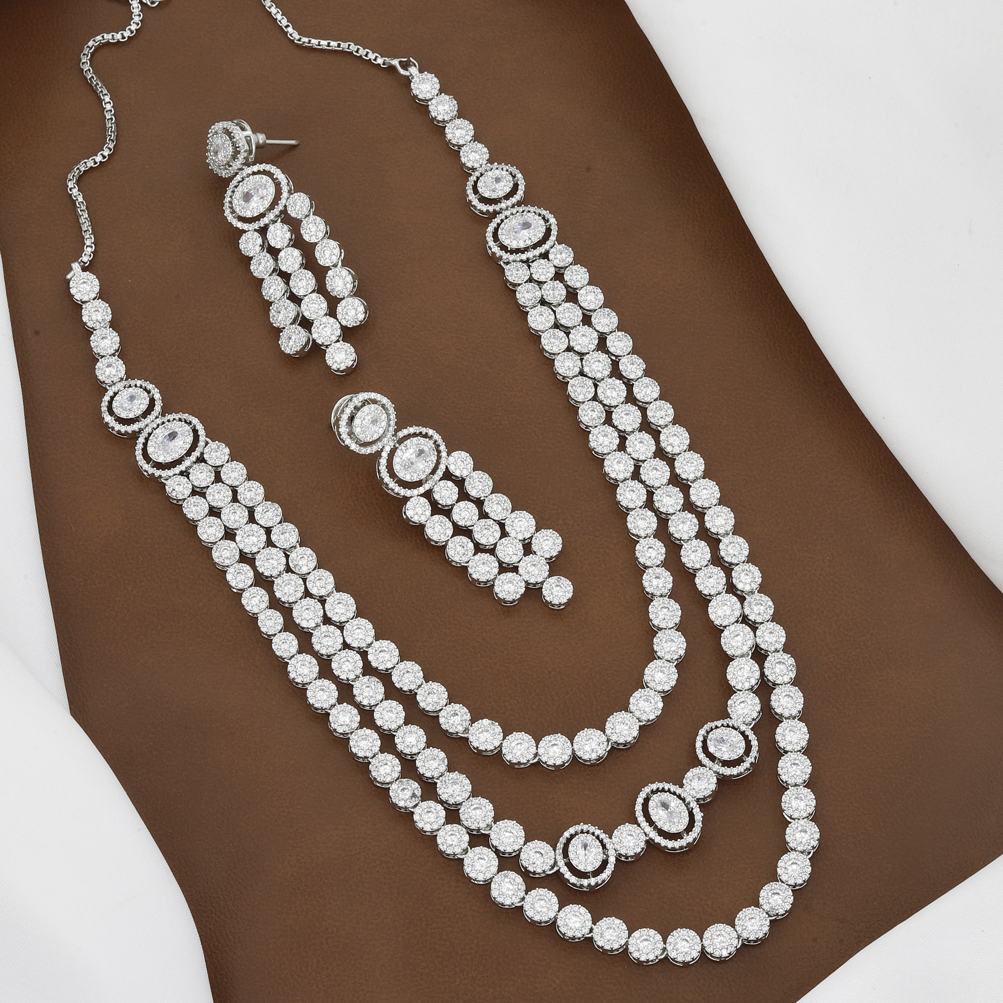 Luxury CZ Exquisite 3-Layer American Diamond Necklace Set