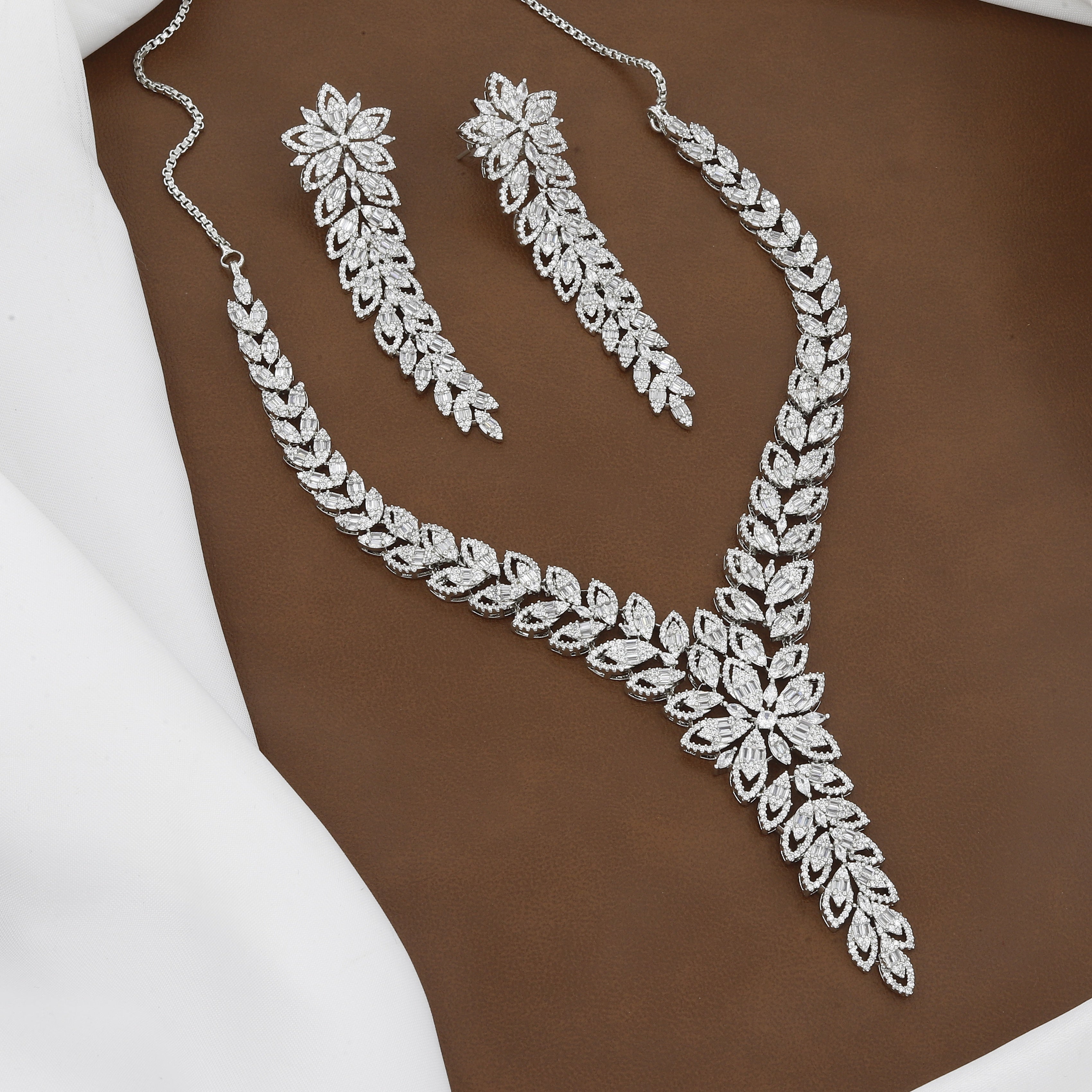 Floral  Botanical Leaf American Diamond Necklace Set