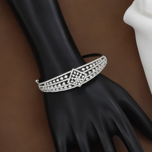 Silver Polished Cuff-Style Diamond Bangle Kada