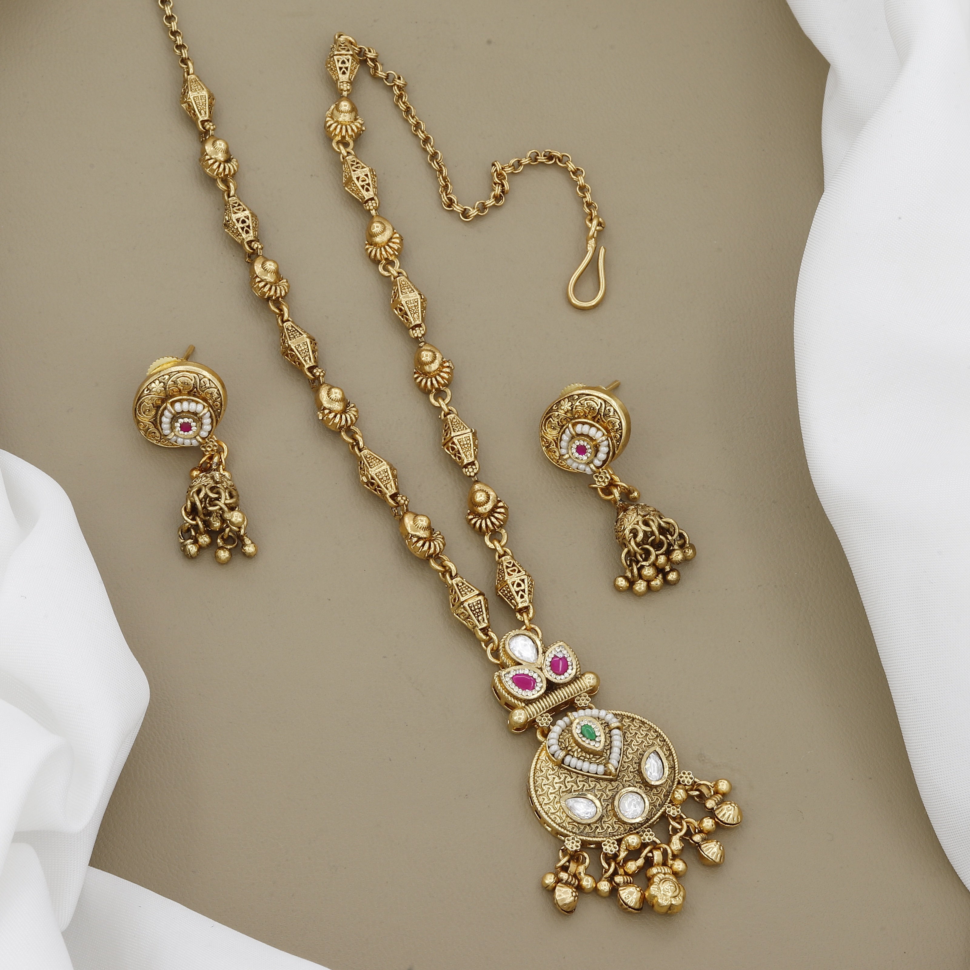 Antique Gold Finish Traditional Long Mini Necklace & Earrings Set