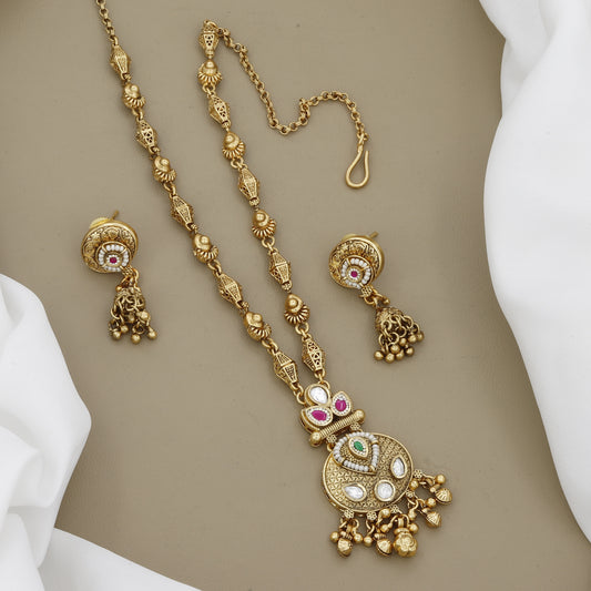 Antique Gold Finish Traditional Long Mini Necklace & Earrings Set