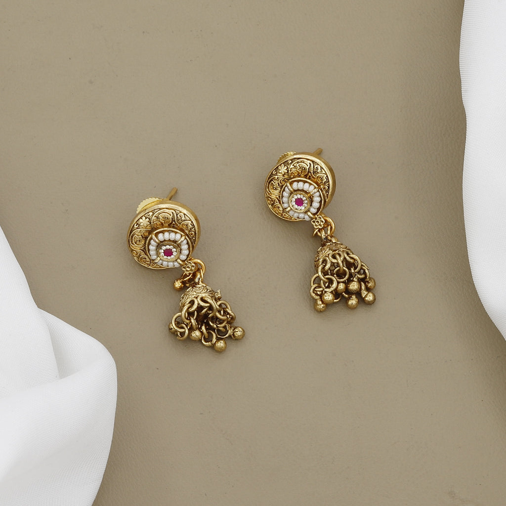 Antique Gold Finish Traditional Long Mini Necklace & Earrings Set