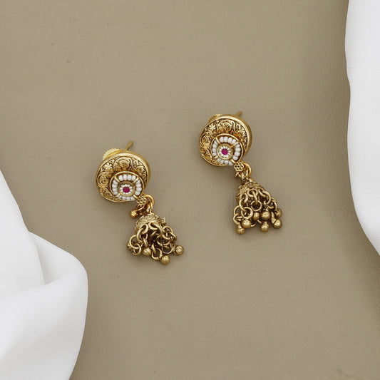 Antique Gold Finish Traditional Long Mini Necklace & Earrings Set