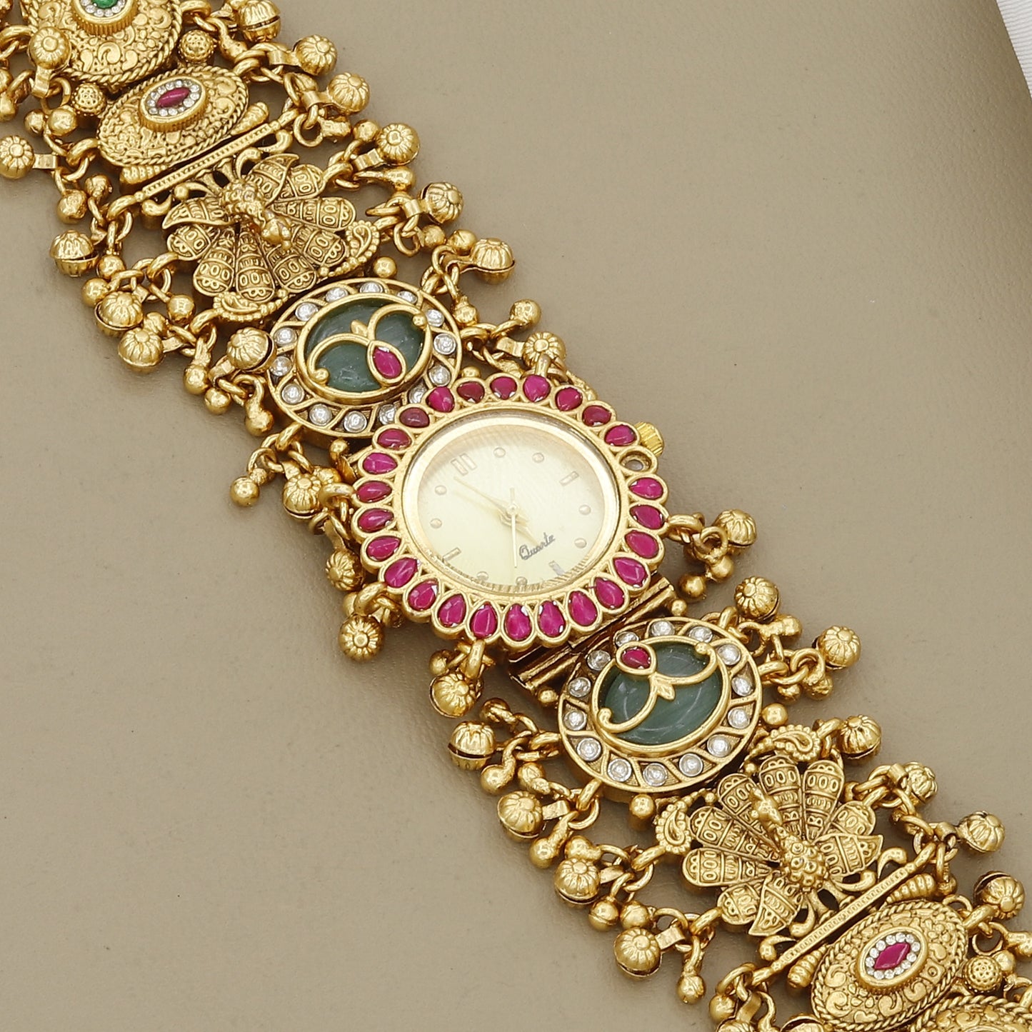 Ruby & Emerald Stone Gold Tone Polki Style Bracelet Watch
