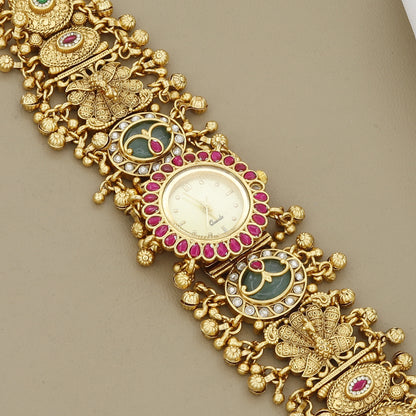 Ruby & Emerald Stone Gold Tone Polki Style Bracelet Watch
