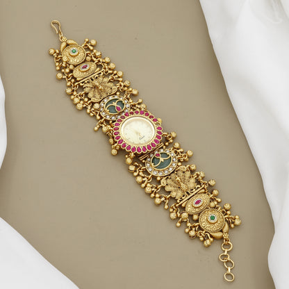 Ruby & Emerald Stone Gold Tone Polki Style Bracelet Watch
