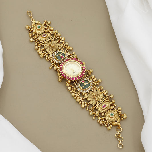 Ruby & Emerald Stone Gold Tone Polki Style Bracelet Watch