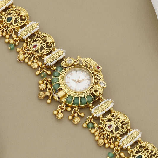 Traditional Kundan Style Gold Tone Bangle Watch for Women