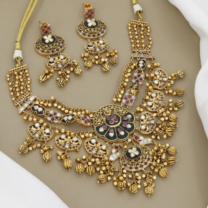 Antique Gold Tone, Multi-Stone & Enamel Work Necklace Set