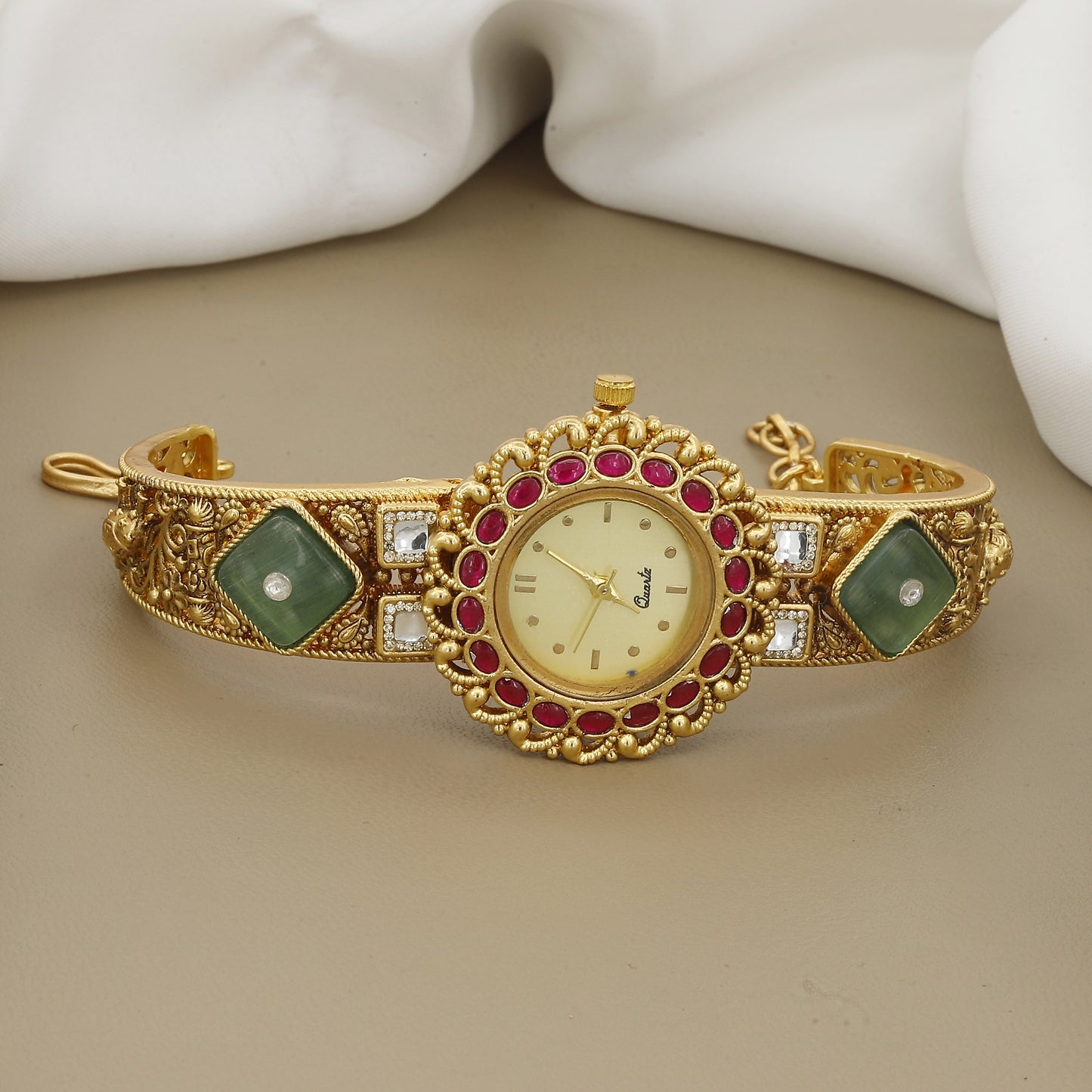 Ruby Red Bezel & Emerald Green Accent Watch Bracelet