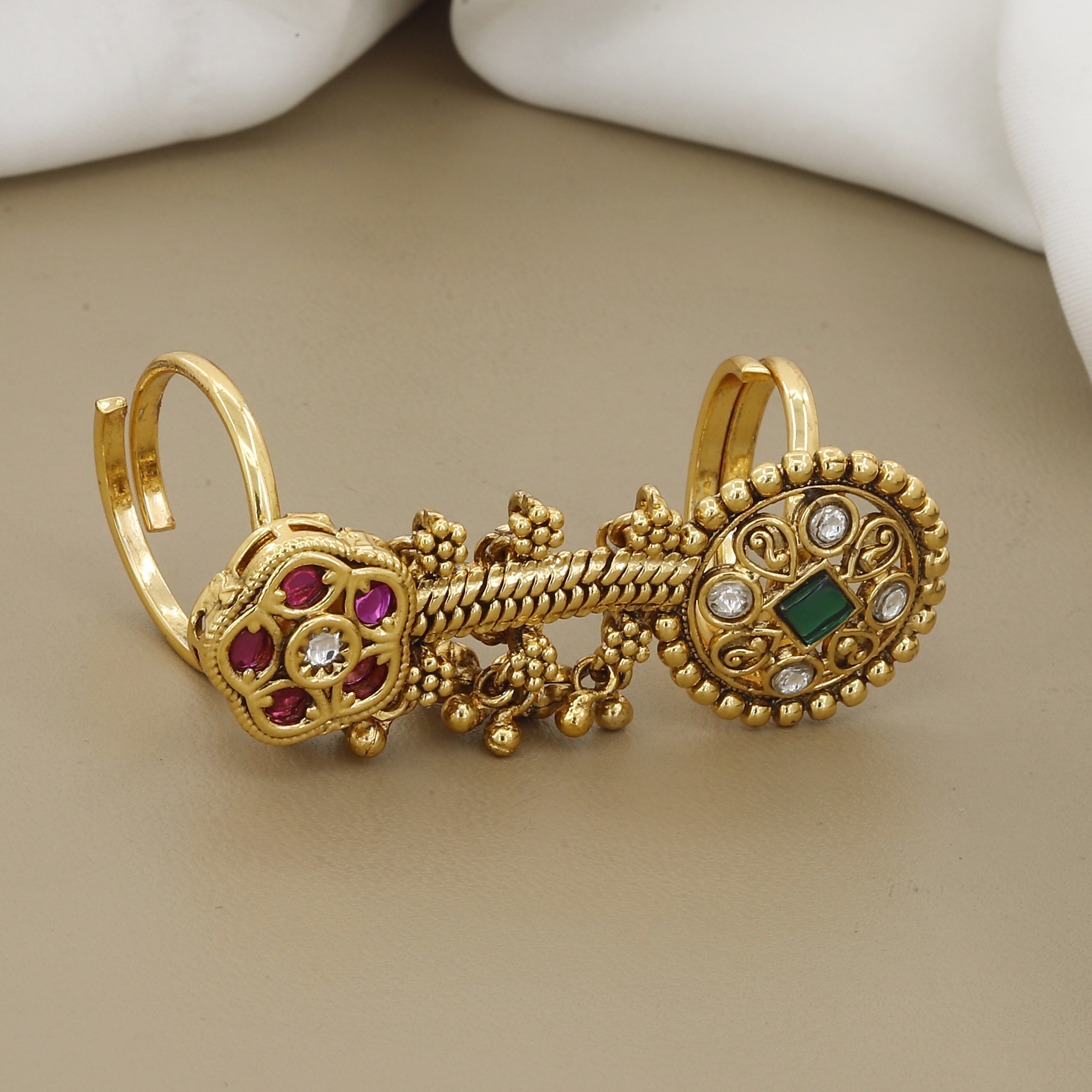 Antique Double Finger Ring with Ruby & Emerald Stones