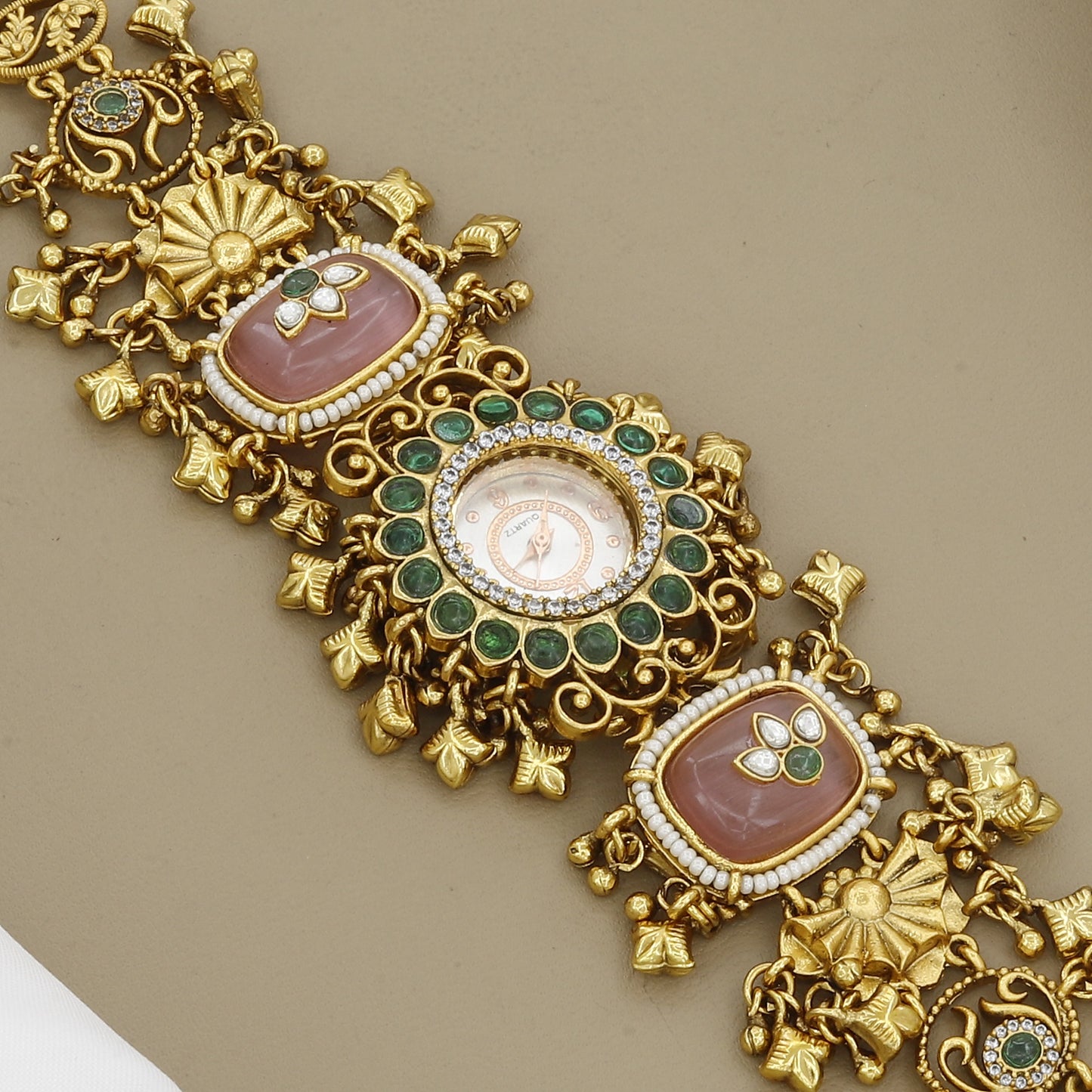 Bold Antique Watch Bracelet with Pink & Green Carved Stones