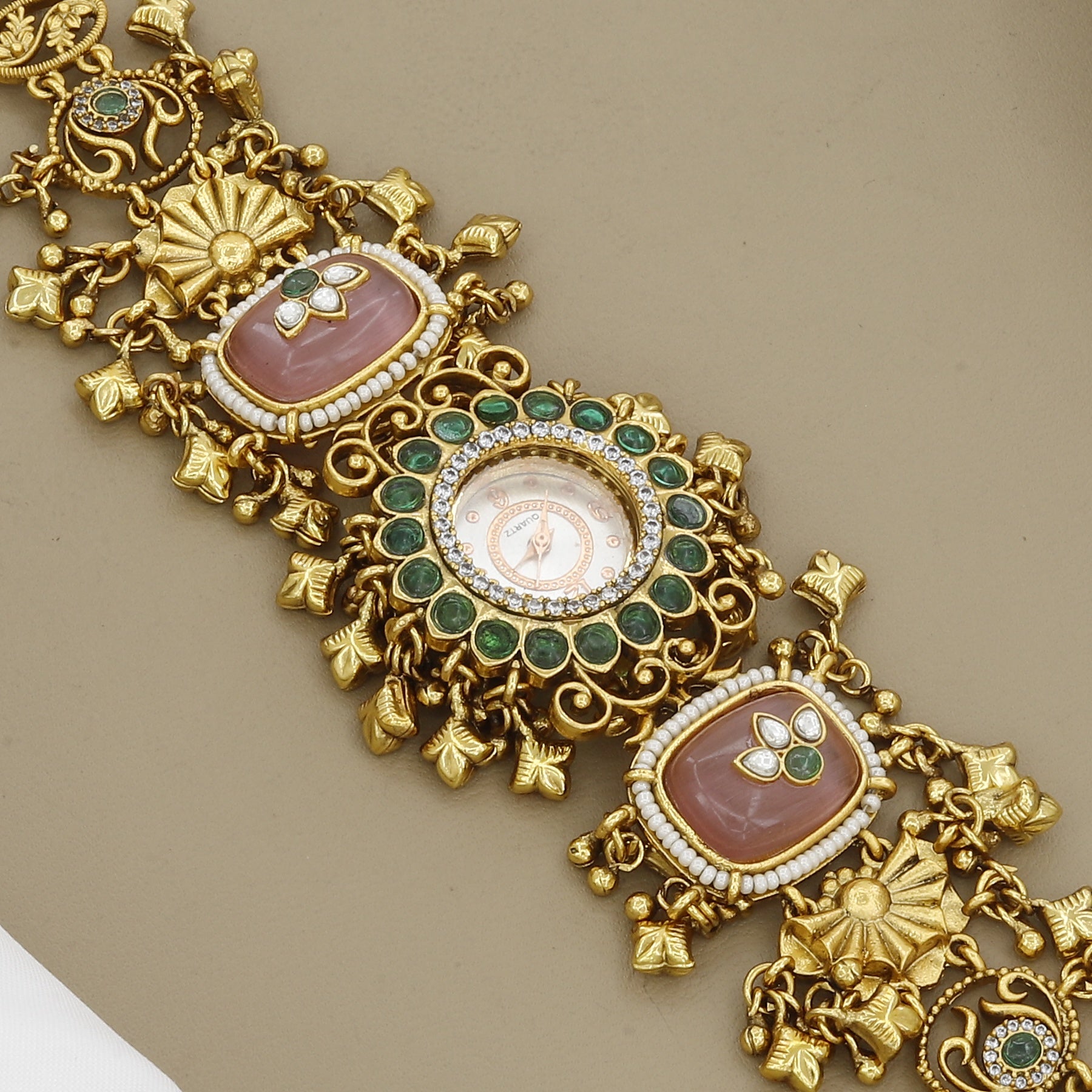 Bold Antique Watch Bracelet with Pink & Green Carved Stones