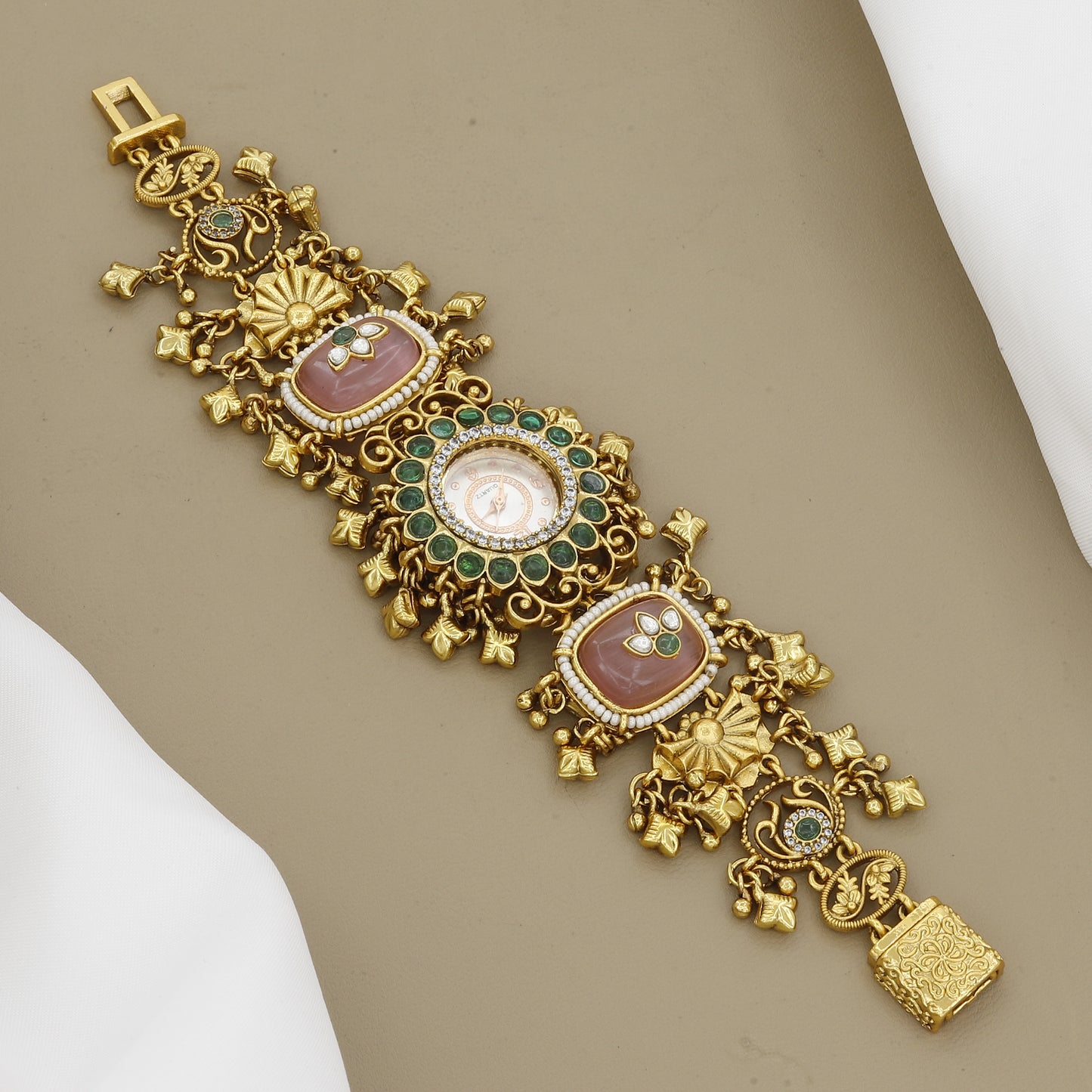 Bold Antique Watch Bracelet with Pink & Green Carved Stones