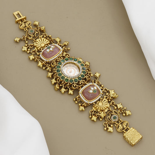 Bold Antique Watch Bracelet with Pink & Green Carved Stones