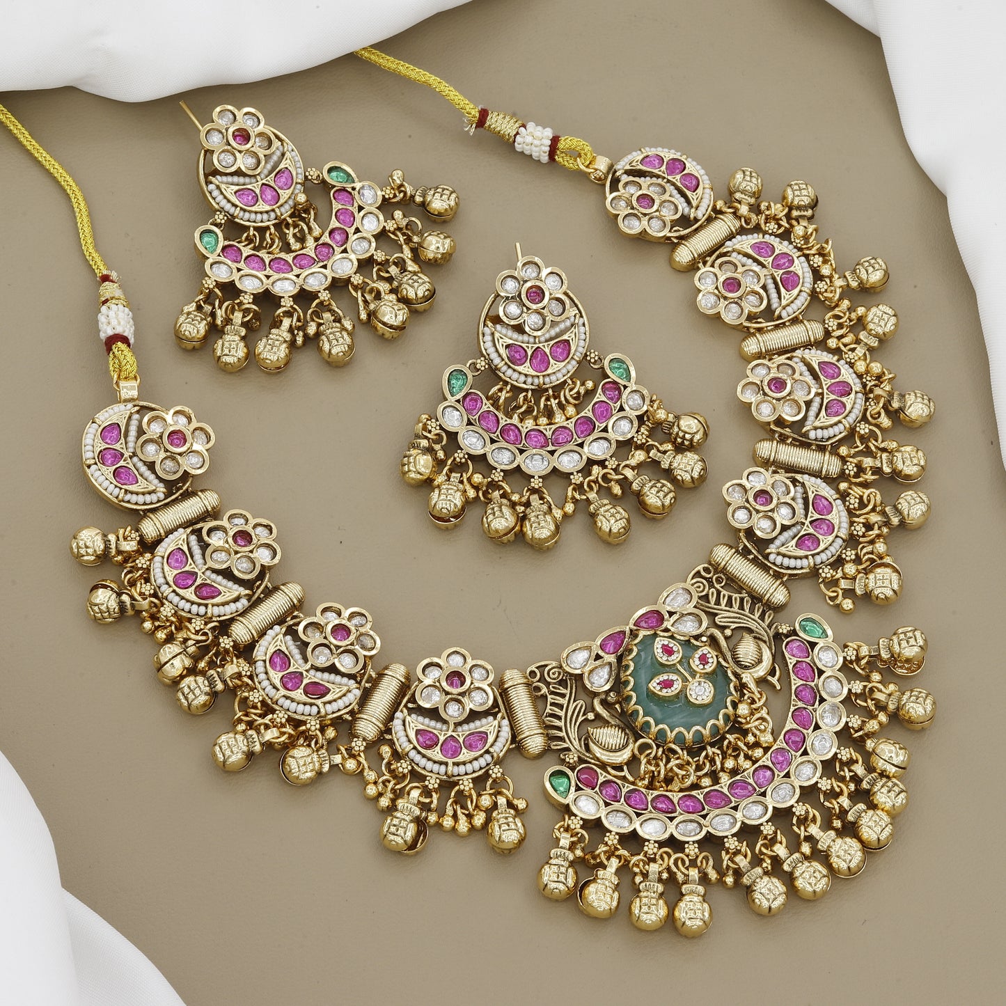 Heavy Kundan Embellished Necklace Set with Pearl Drop Dangles