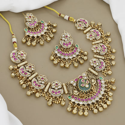 Heavy Kundan Embellished Necklace Set with Pearl Drop Dangles
