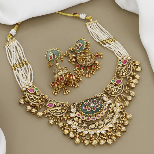 Ethnic Matte Gold Plated Necklace & Jhumka Earrings Set