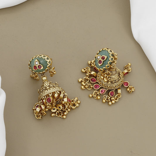 Ethnic Matte Gold Plated Necklace & Jhumka Earrings Set
