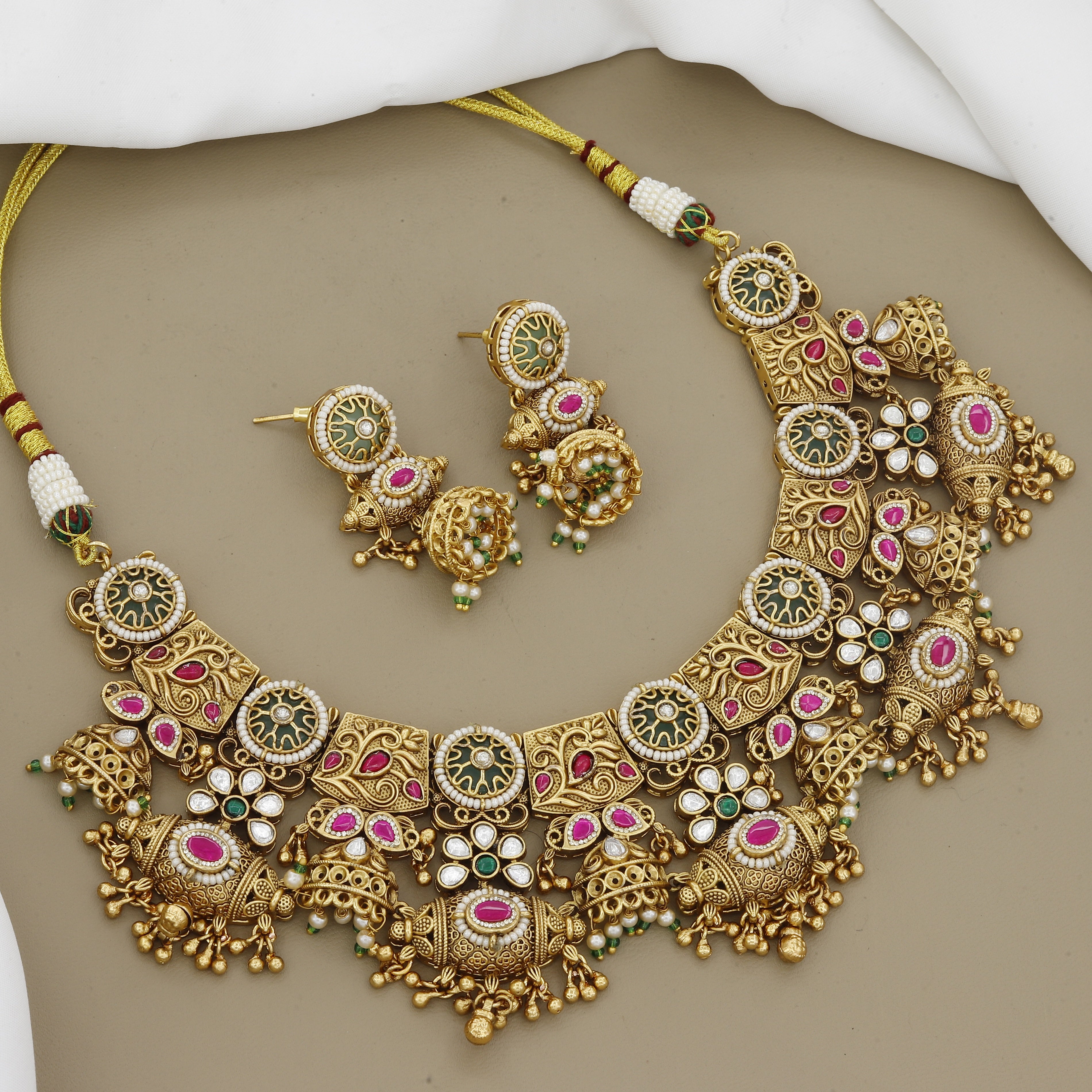 Ethnic Antique Finish Stone Studded Gold Plated Necklace Set