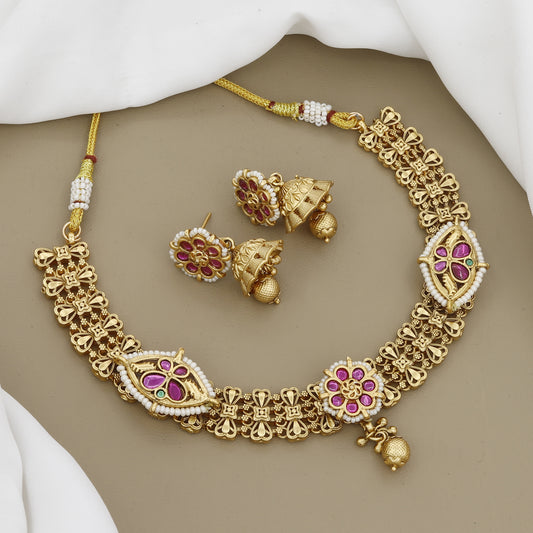 Antique Plated Floral Necklace Set and Matching Mini Jhumkas