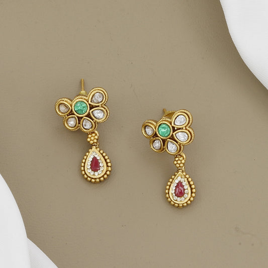 Antique Gold Finish Multi-Chain Necklace Set with Kundan Flowers