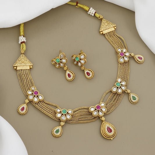 Antique Gold Finish Multi-Chain Necklace Set with Kundan Flowers
