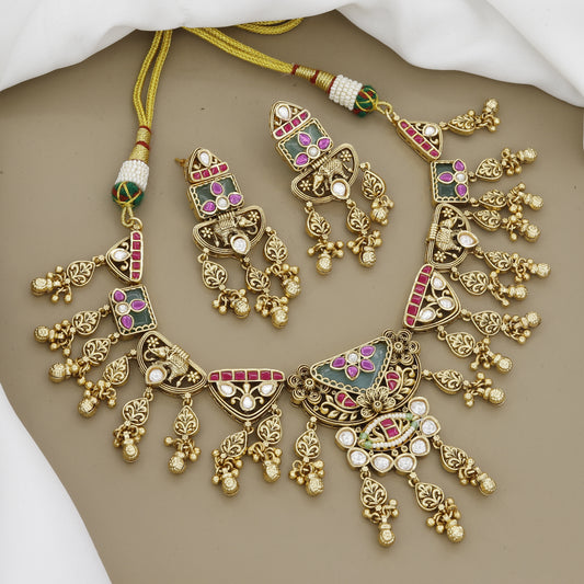 Antique Gold Plated Necklace Set with Dark Enamel & Danglers