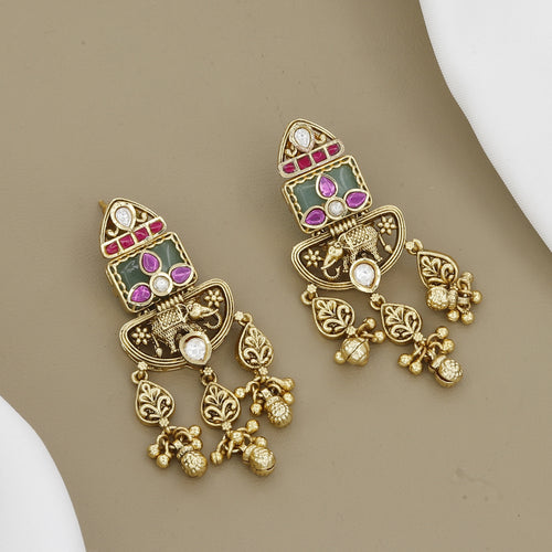 Antique Gold Plated Necklace Set with Dark Enamel & Danglers