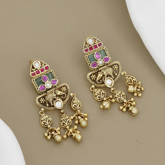 Antique Gold Plated Necklace Set with Dark Enamel & Danglers