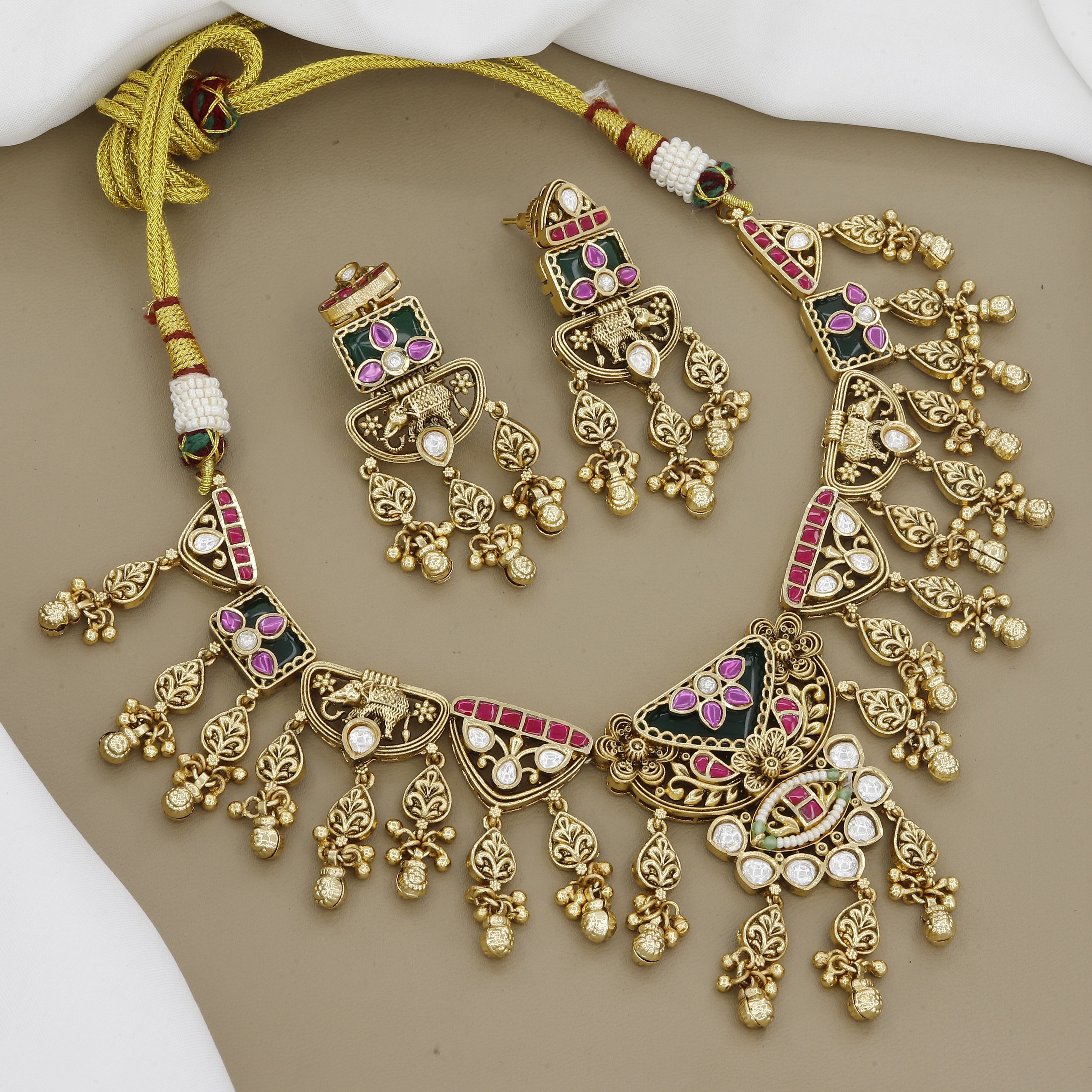 Antique Gold Plated Necklace Set with Dark Enamel & Danglers