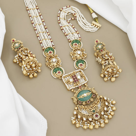 Luxury Ethnic Gold Tone Handcrafted Polki & Meenakari Long Necklace Set