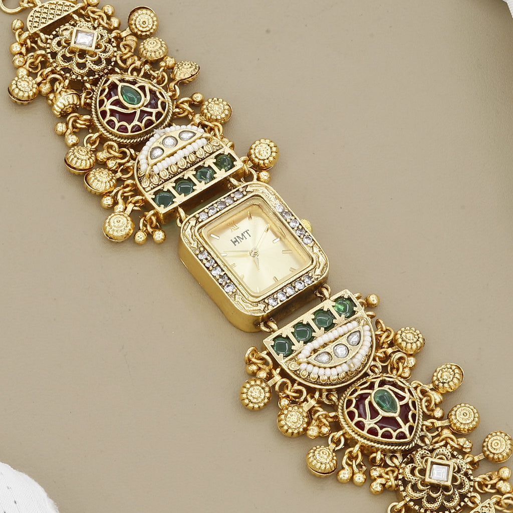 Traditional HMT Style Gold Plated Watch Bracelet with Kemp Stones