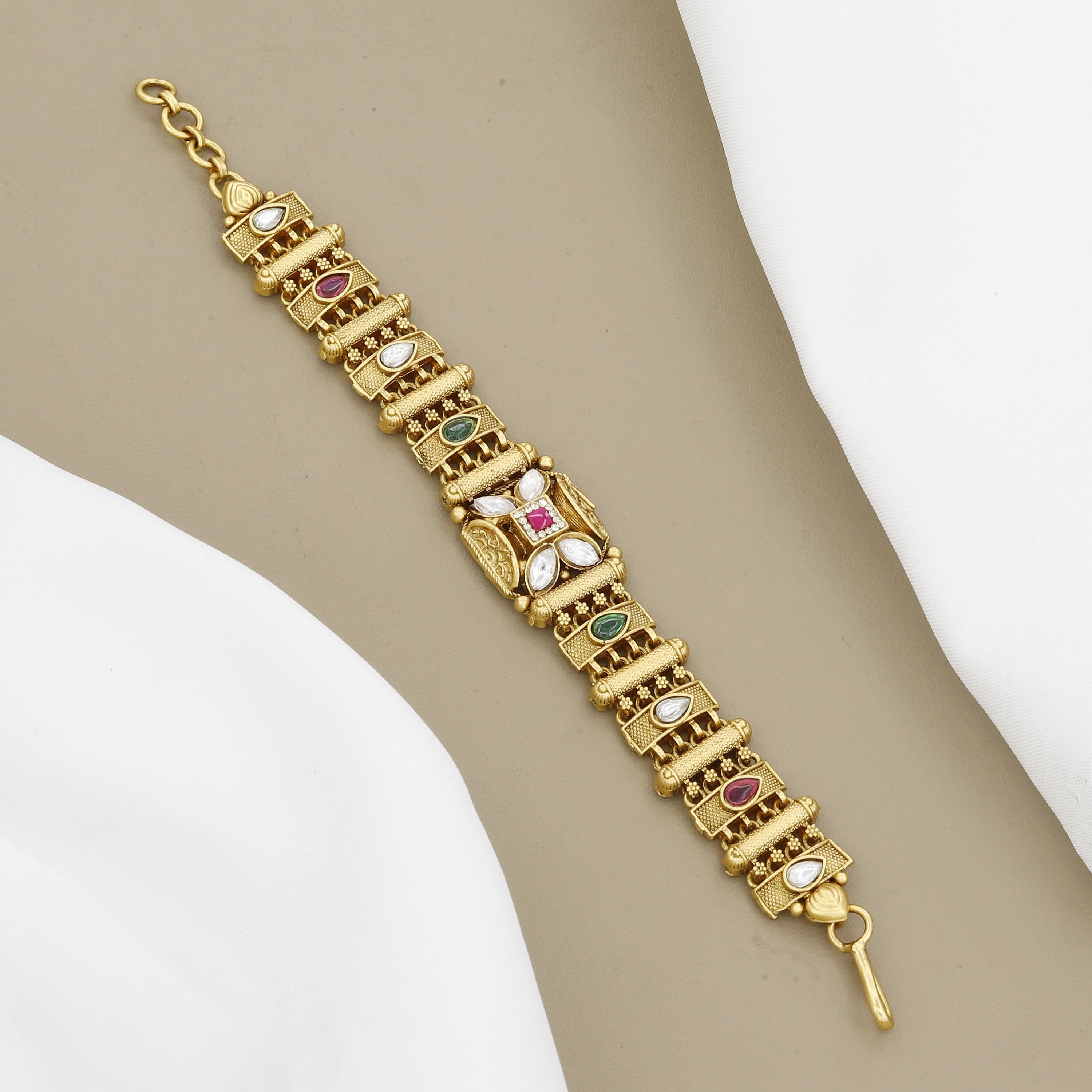 Kundan and Pearl Embellished Gold Tone Antique Bracelet