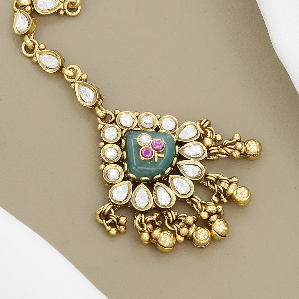 Kundan Polki Maang Tikka with Central Green Stone