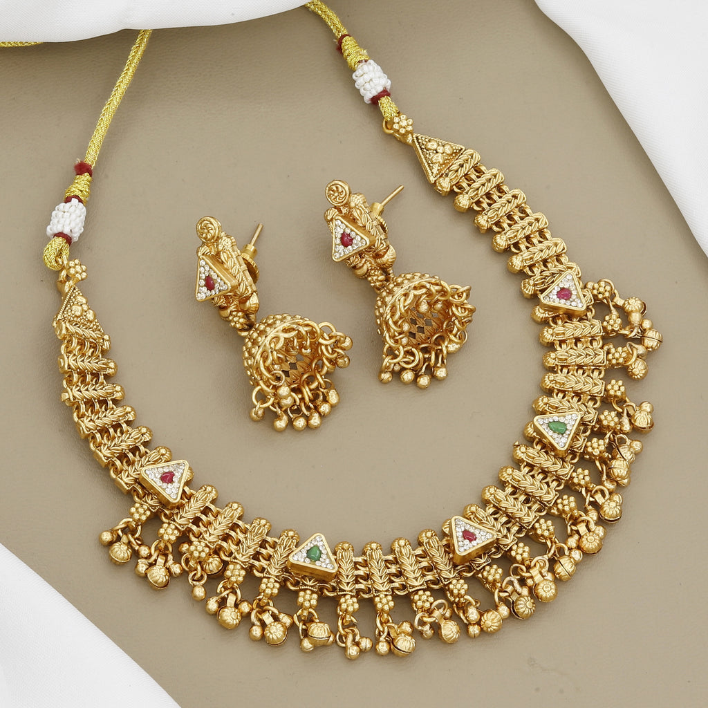 Traditional Matte Gold Finish Necklace Set with Ball Drops