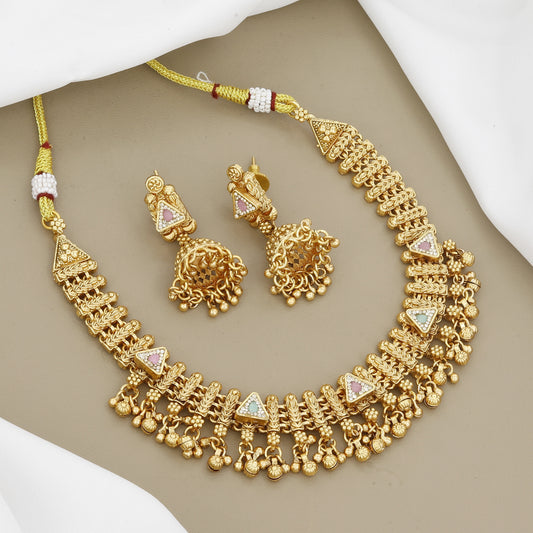 Traditional Matte Gold Finish Necklace Set with Ball Drops