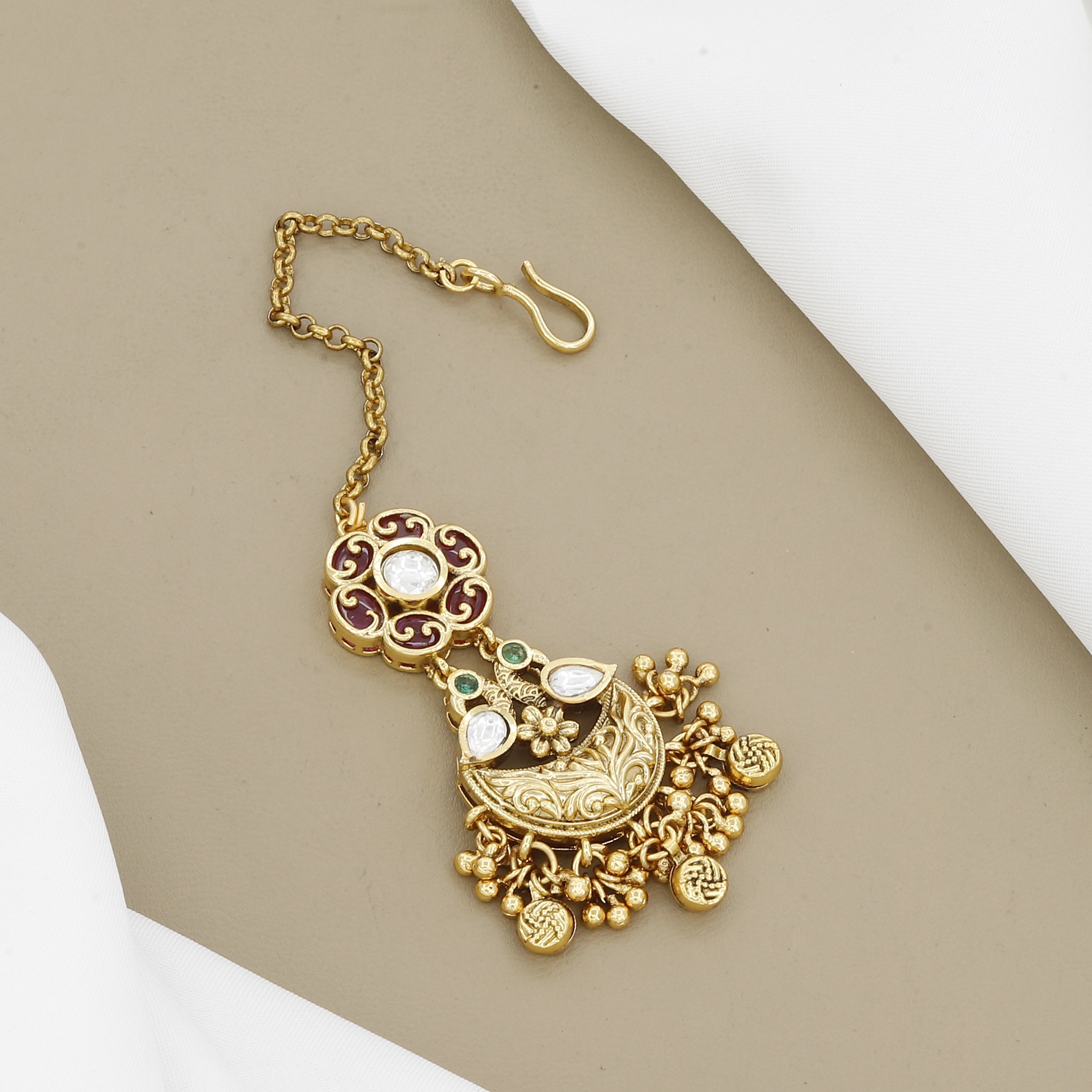 Traditional Kundan & Ruby Maang Tikka with Gold Dangles