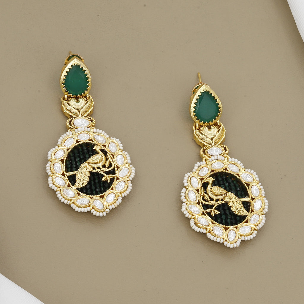 Traditional Kundan Polki & Pearl Peacock Jhumka Style Earrings