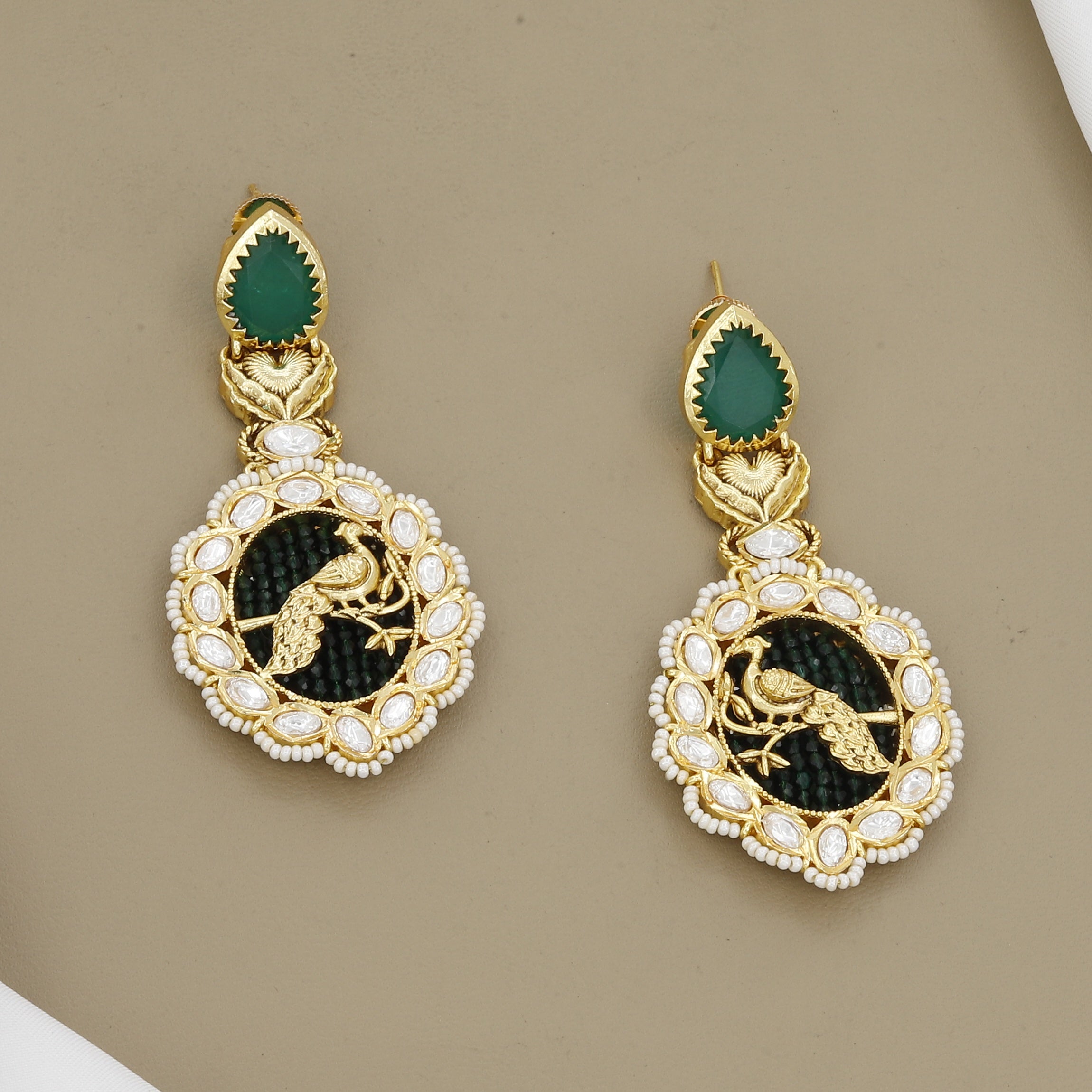 Traditional Kundan Polki & Pearl Peacock Jhumka Style Earrings