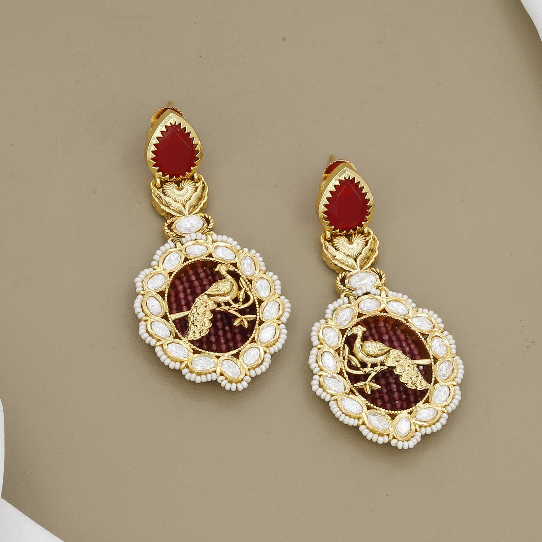 Traditional Kundan Polki & Pearl Peacock Jhumka Style Earrings